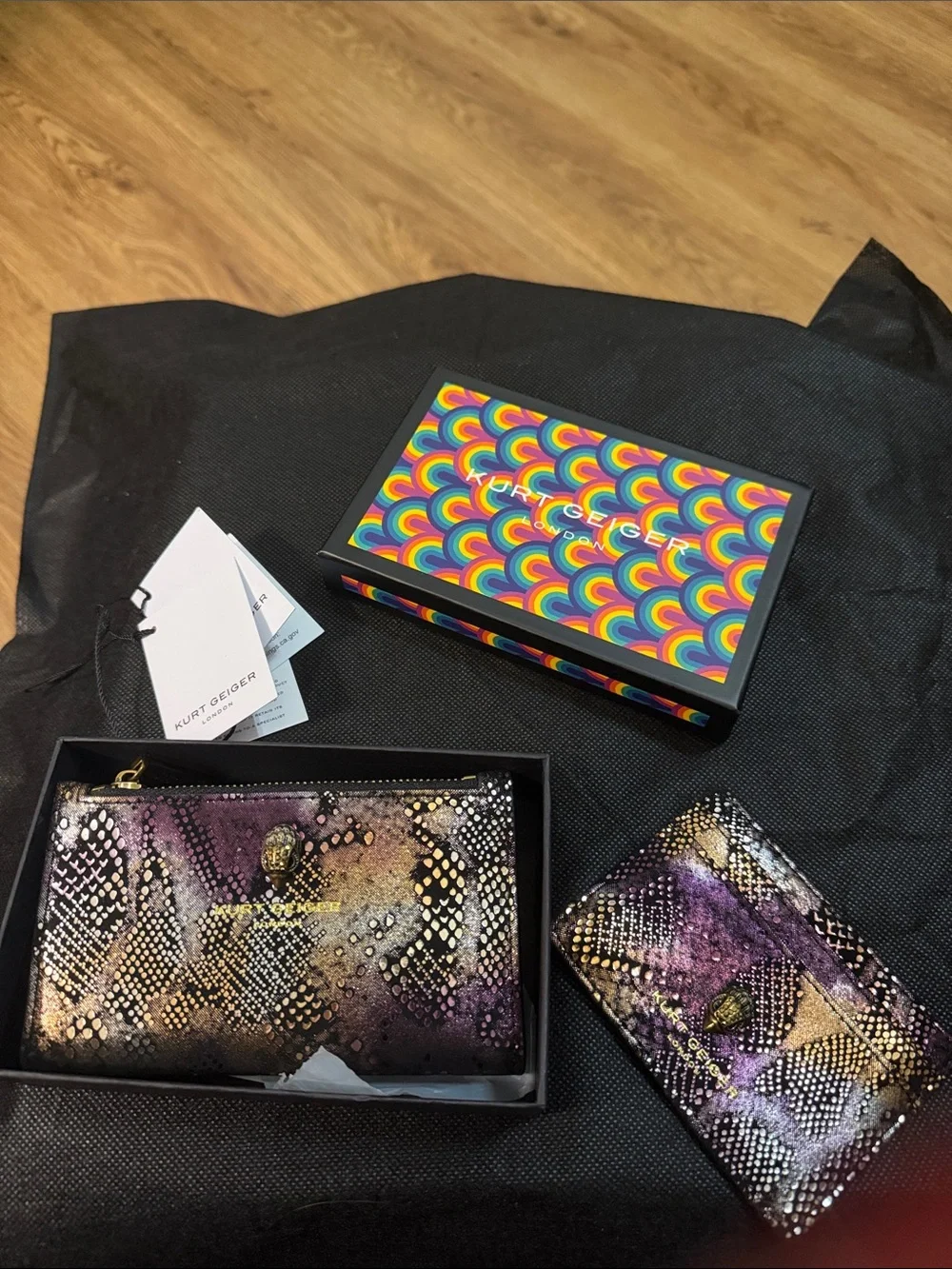 Kurt Geiger Iridescent Black Snake-Print Zip Wallet with Gold Accents